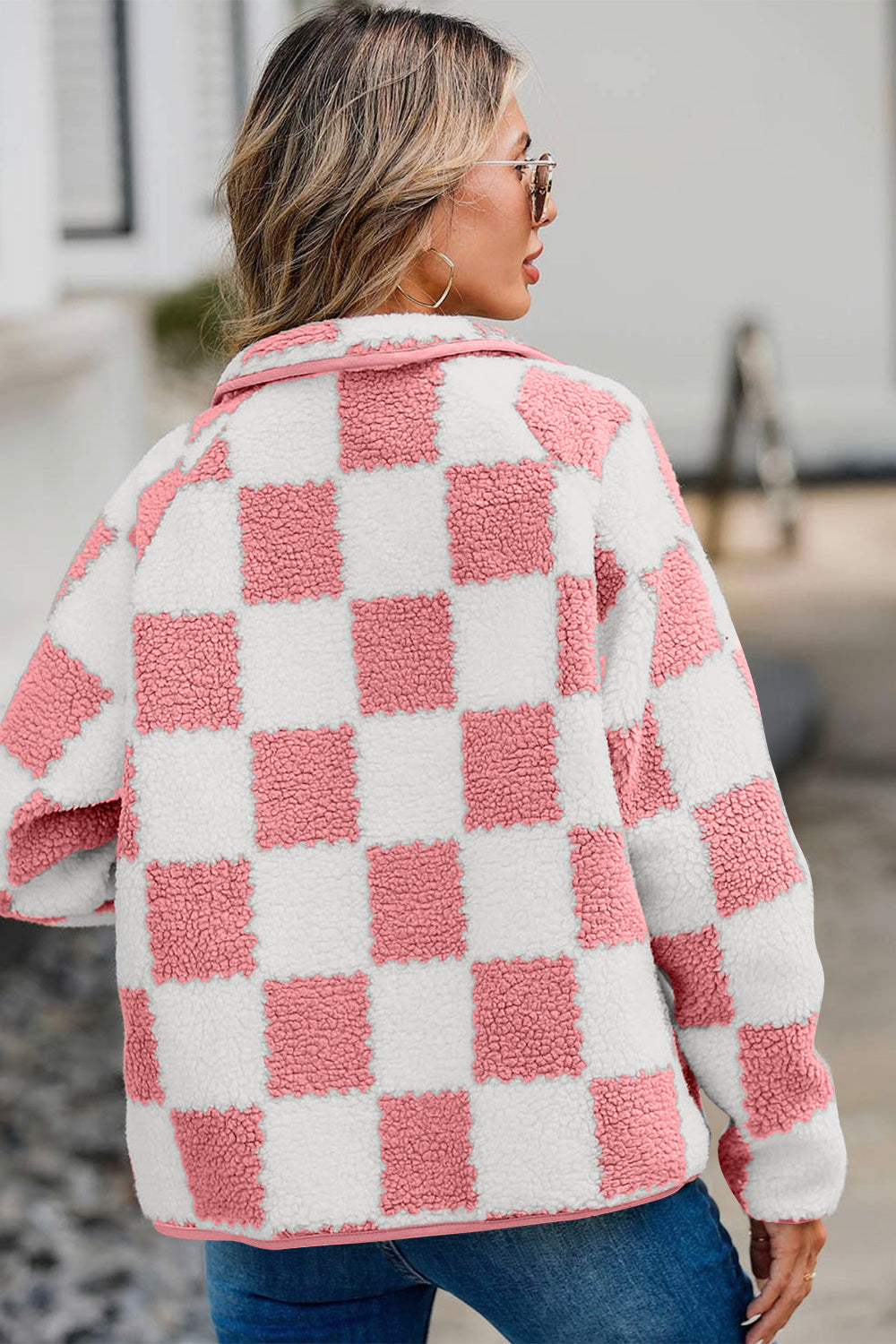 Outfit Flow - Checkered Snap Down Long Sleeve Teddy Jacket