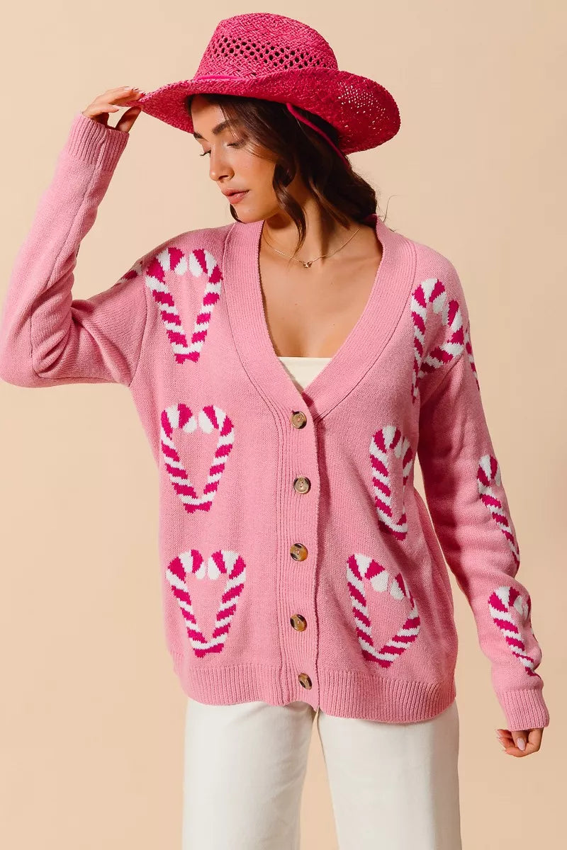 SO ME Christmas Candy Cane Button Front Sweater Cardigan OutfitFlow