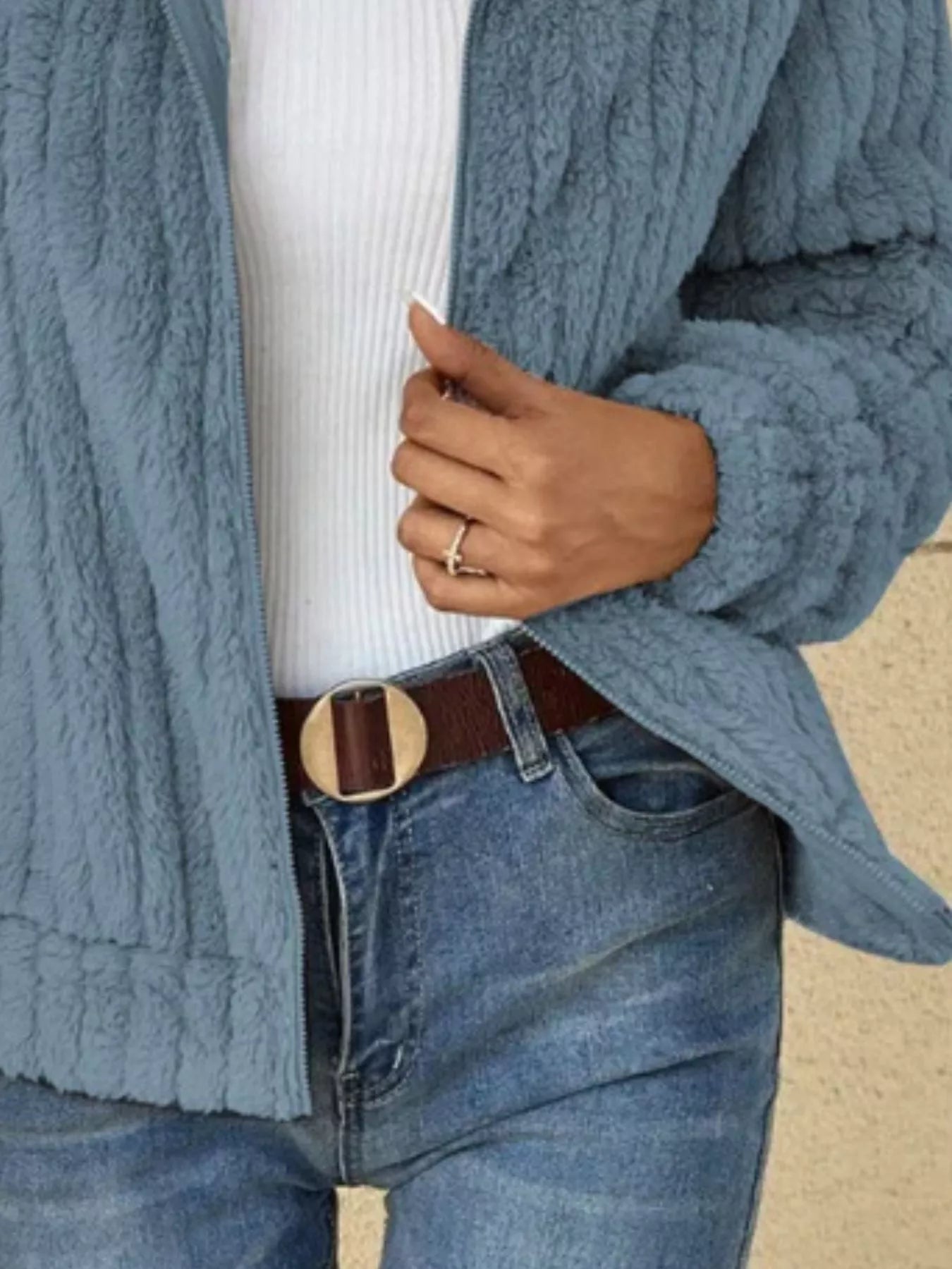 Full Size Zip-Up Long Sleeve Texture Jacket Plus Size OutfitFlow