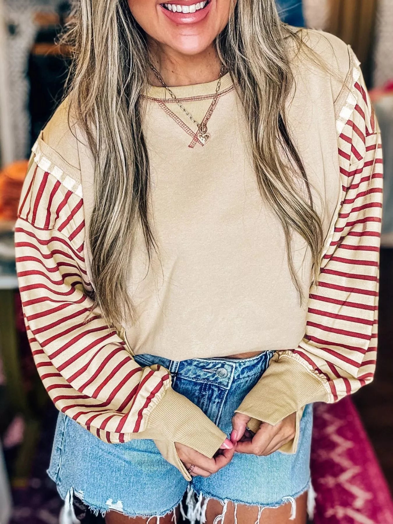 Stripe Sleeve Patchwork Casual Sweatshirt Trendsi