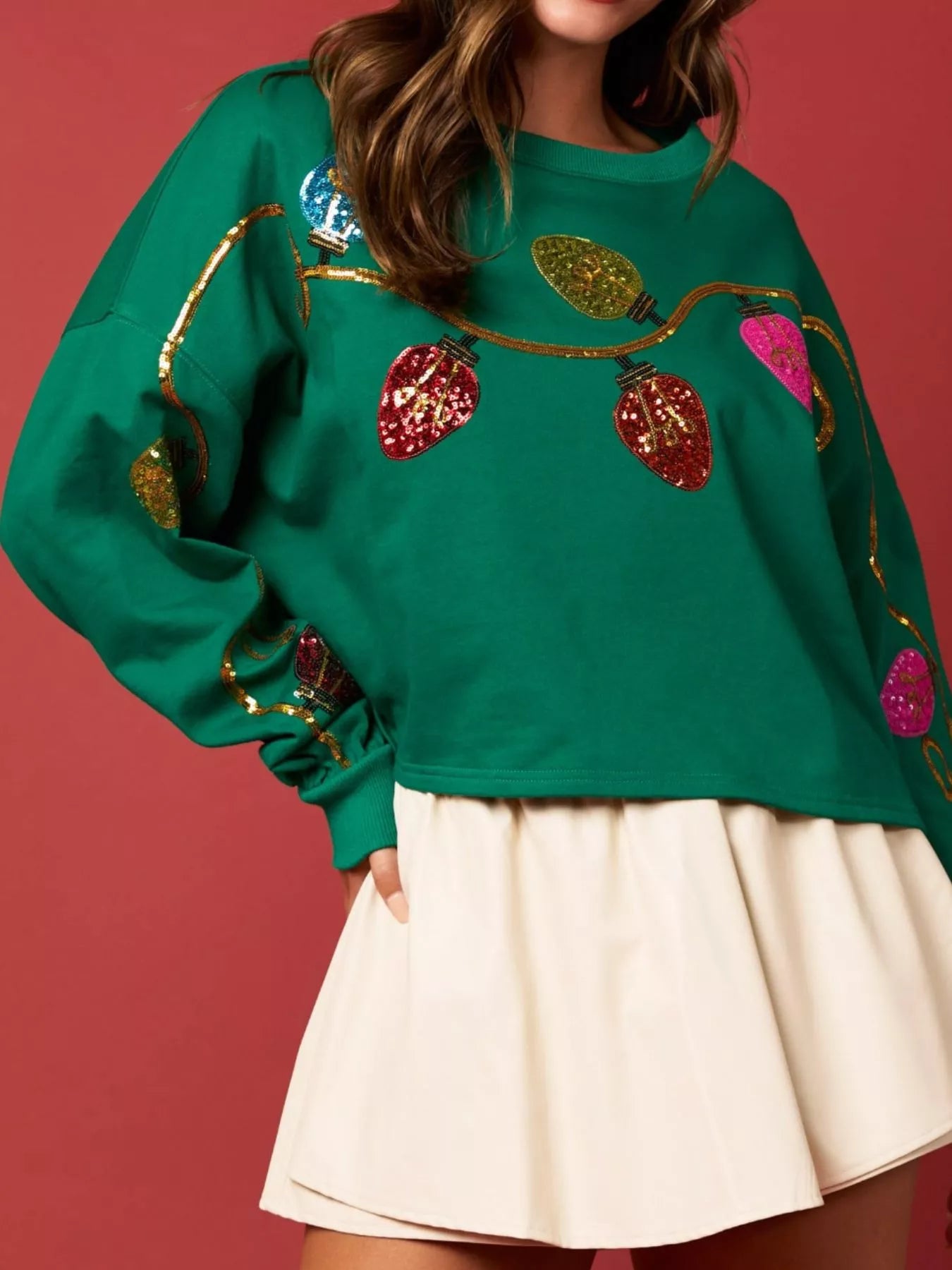 Christmas Holiday Lights Sequin Embellished Sweatshirt OutfitFlow