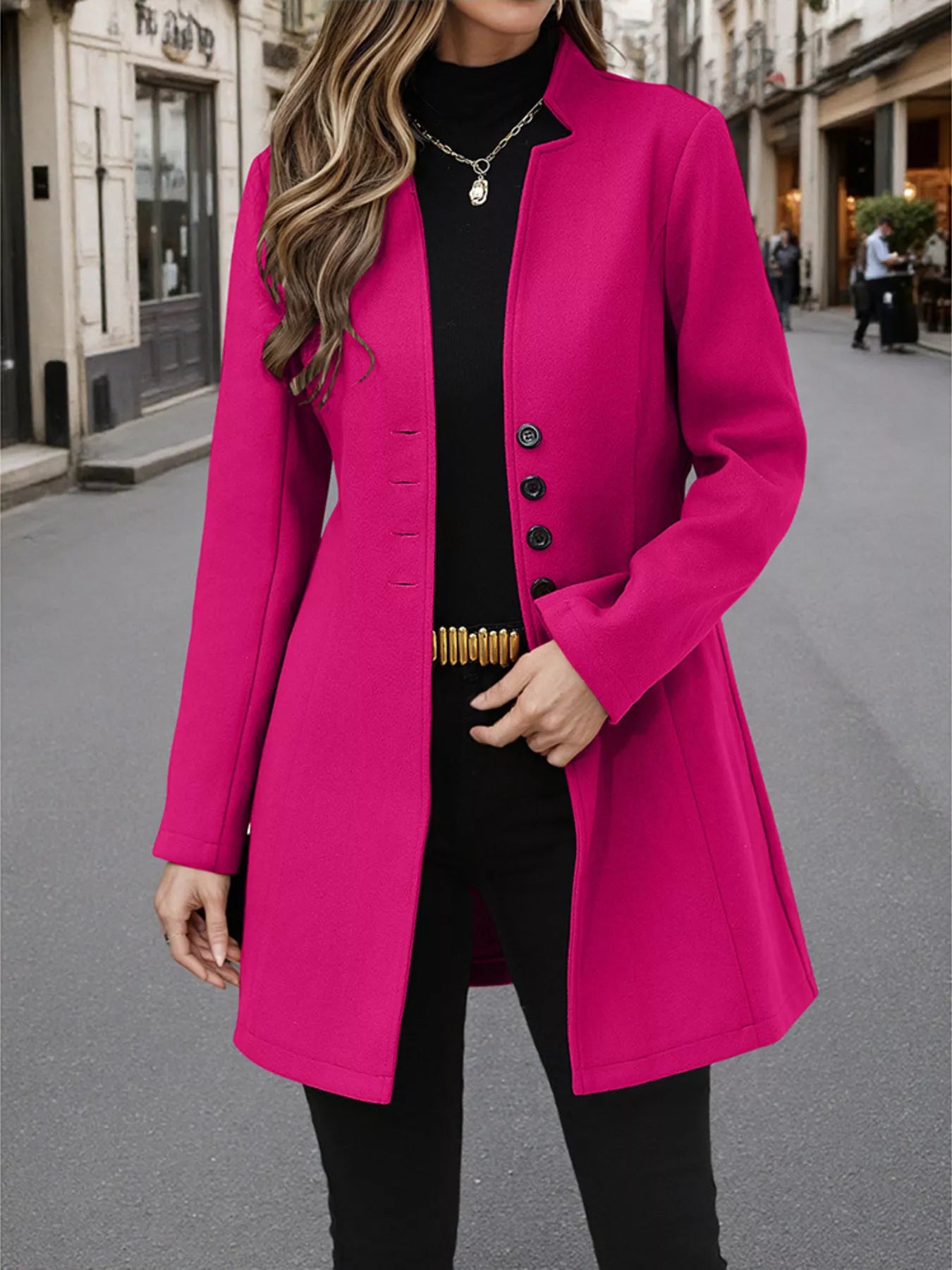 Button Up Long Sleeve Coat Hot Pink Trendsi