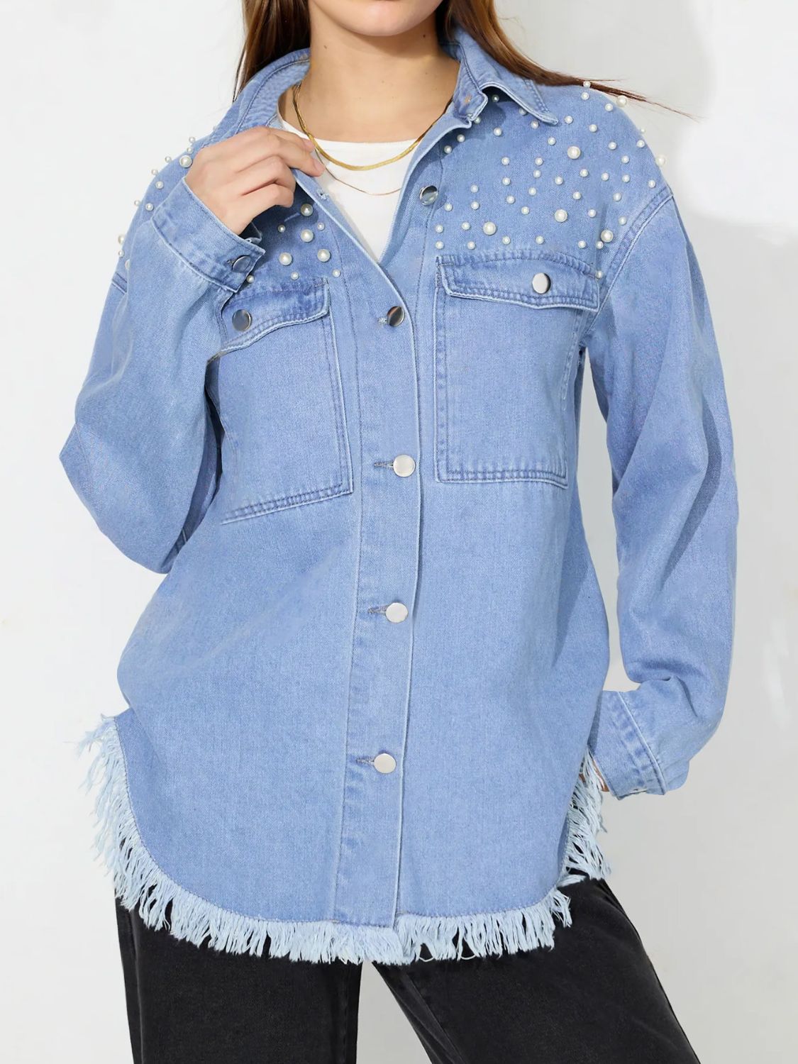 Raw Hem Pearl Trim Collared Neck Denim Top