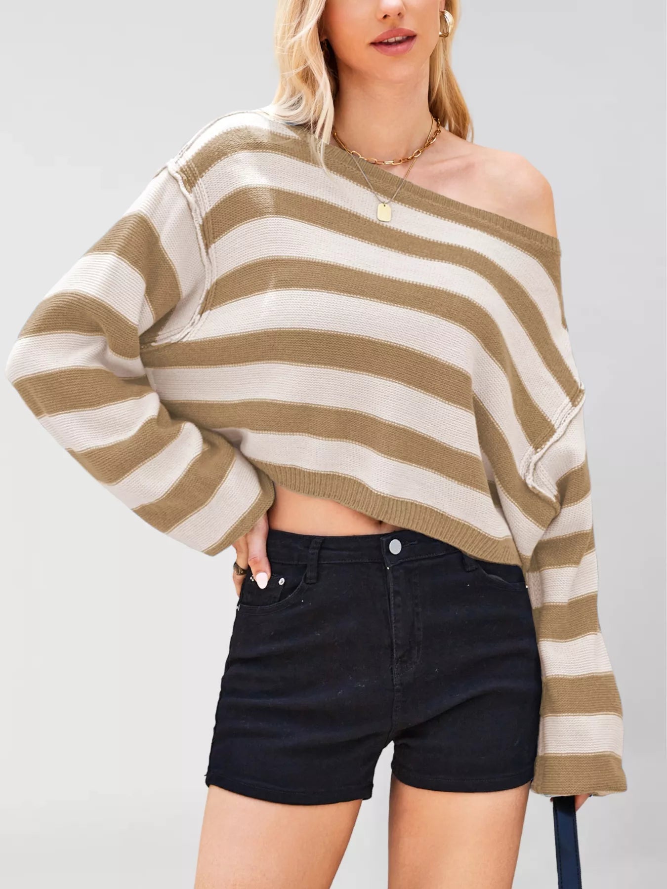 Striped Dropped Shoulder Sweater Khaki OutfitFlow