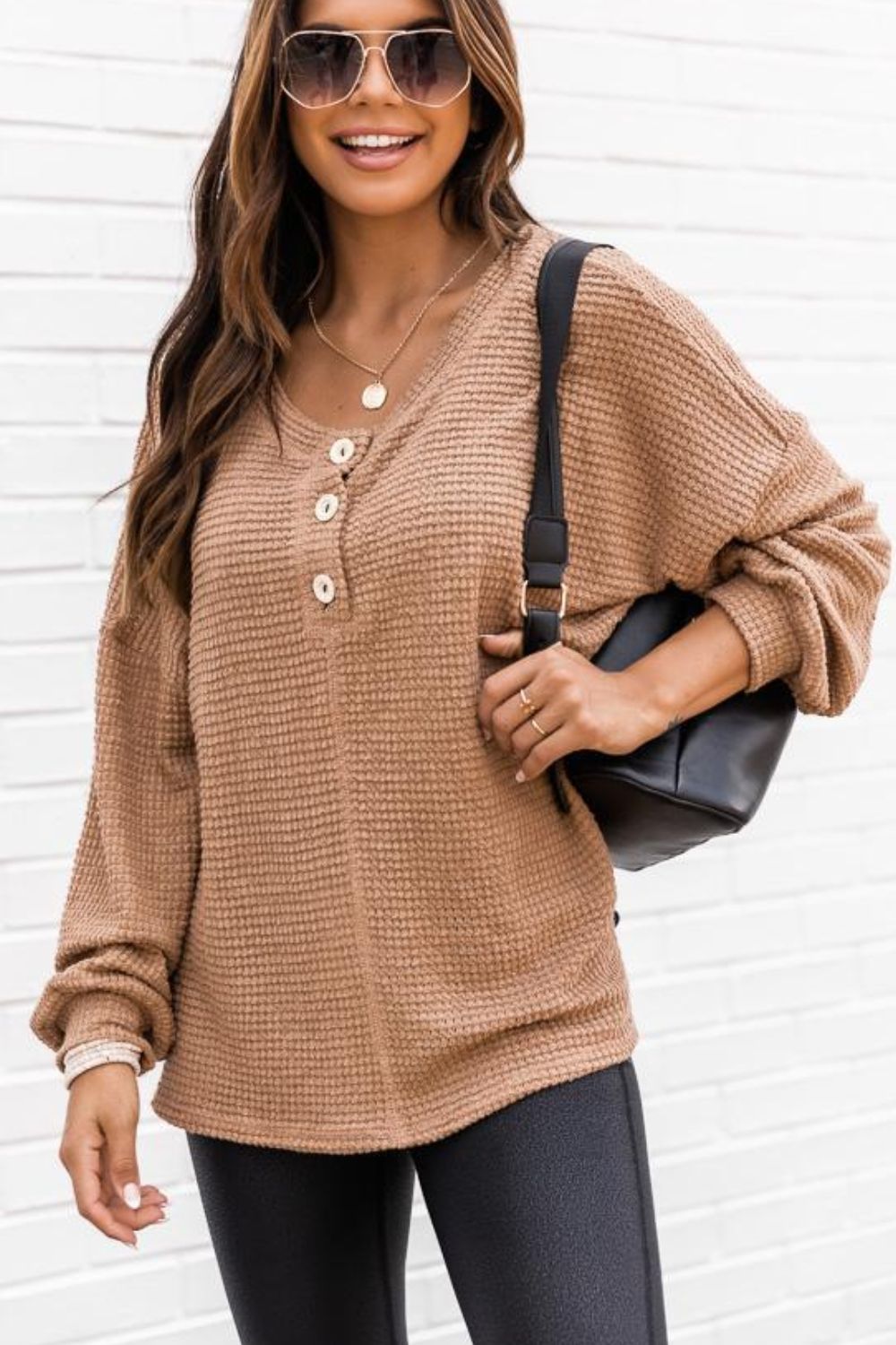 Outfit Flow - Slit Waffle Knit Long Sleeve T-Shirt