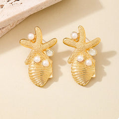 Ocean Starfish Shell Synthetic Pearl Drop Earrings OutfitFlow