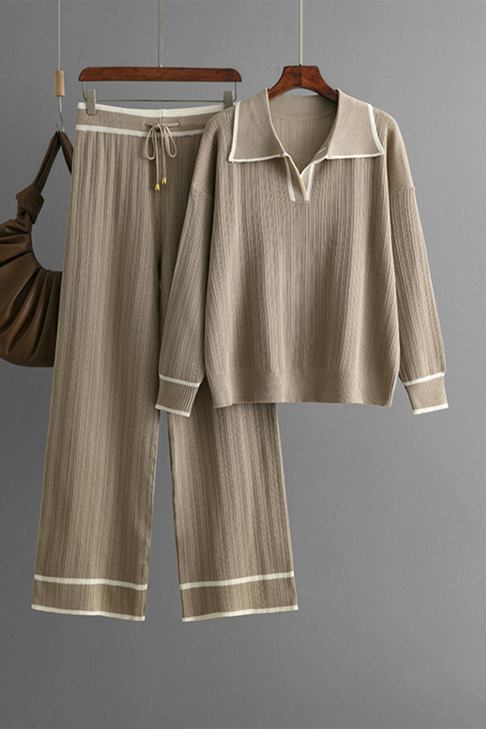 Outfit Flow - Contrast Trim Johnny Collar Top and Drawstring Pants Sweater Set