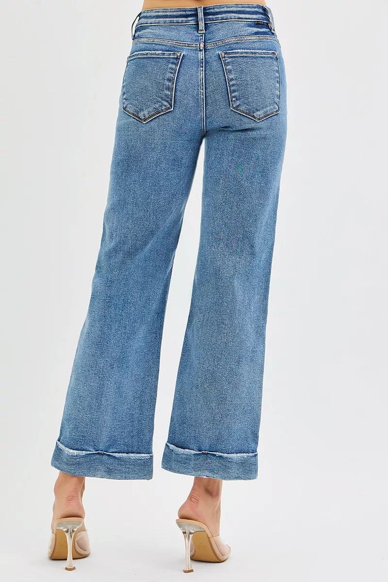 RISEN Full Size Mid Rise Crop Straight Jeans with Taylor Cuffed Plus Size OutfitFlow