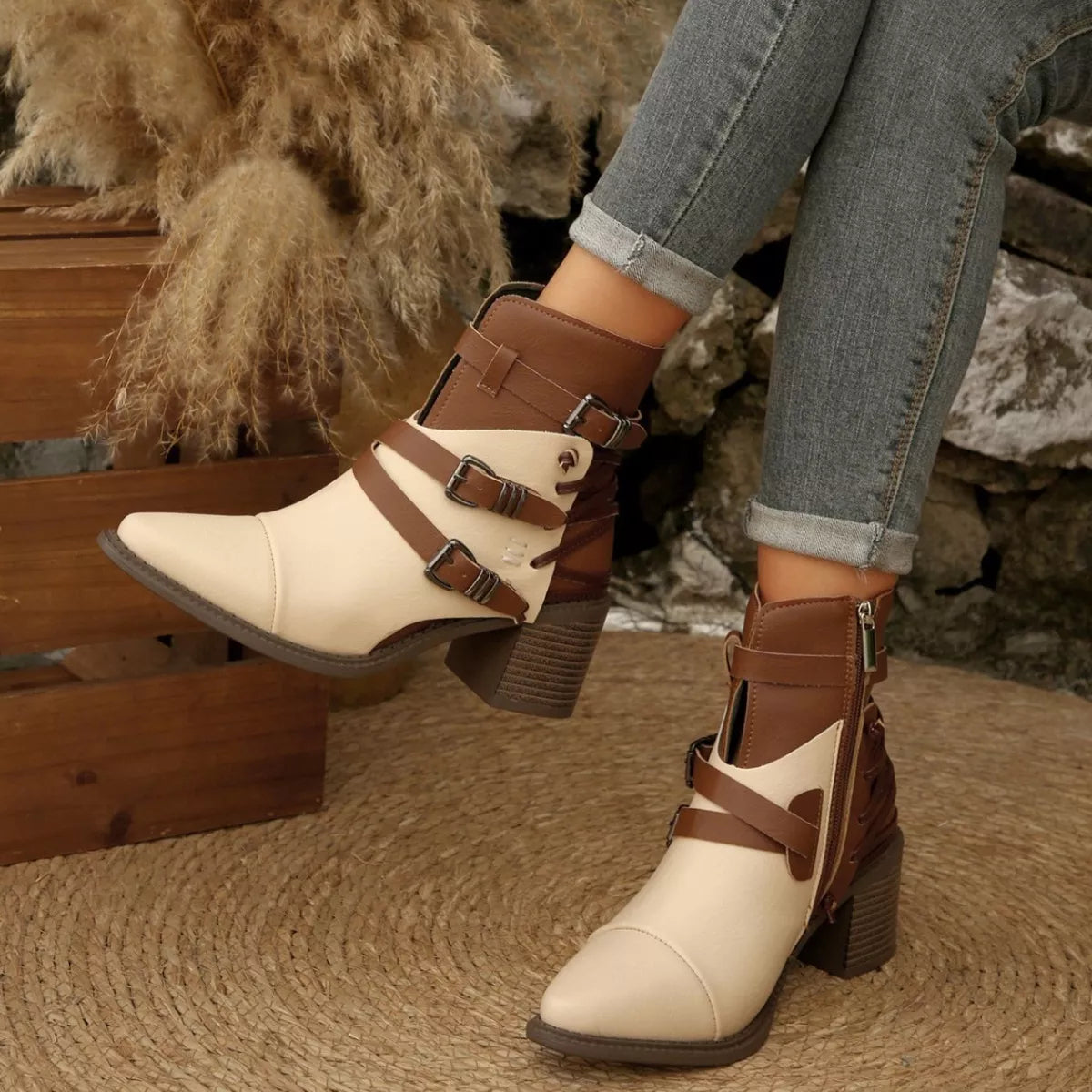 Point Toe Buckle Strap Ankle Boots with Block Heels Trendsi