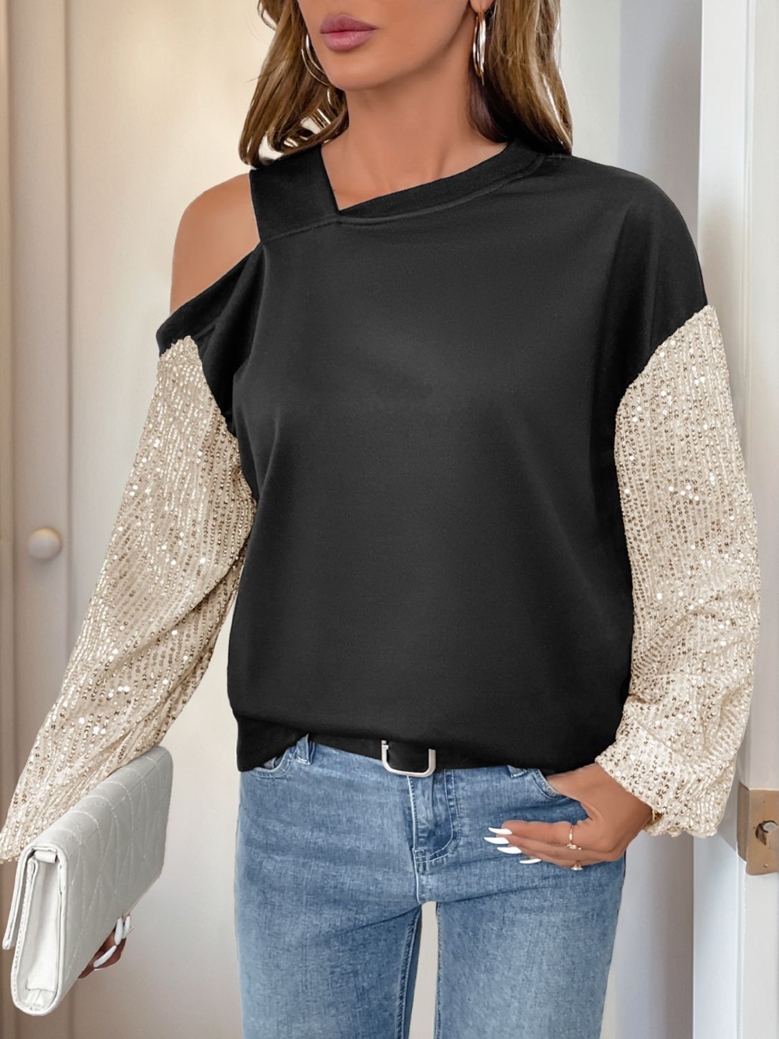 Outfit Flow - Perfee Sequin Asymmetrical Neck Long Sleeve Sweatshirt