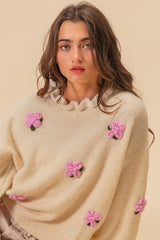 Outfit Flow - BiBi Ruffled Crochet Flower Dropped Shoulder Sweater