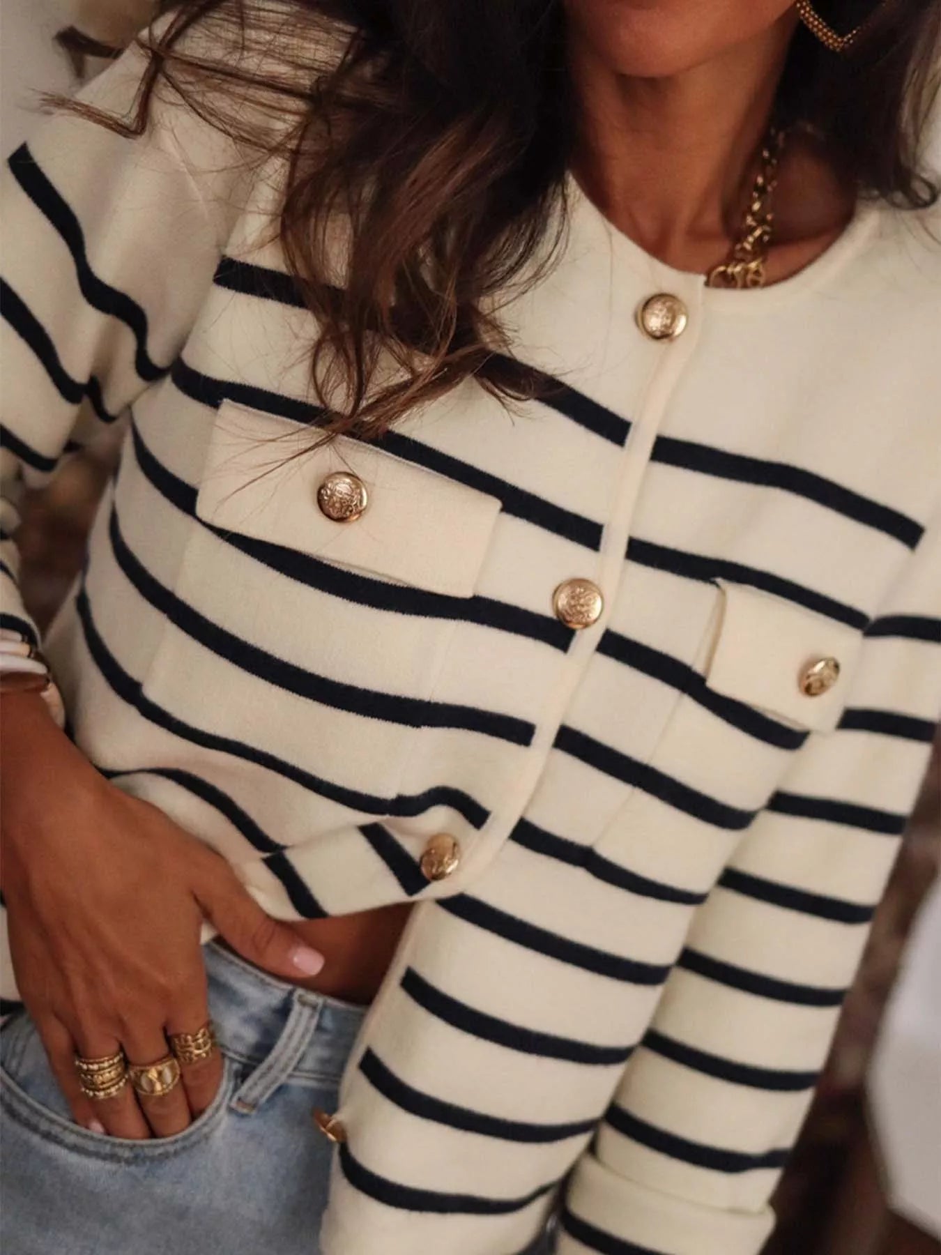 Striped Button-Front Cardigan Trendsi