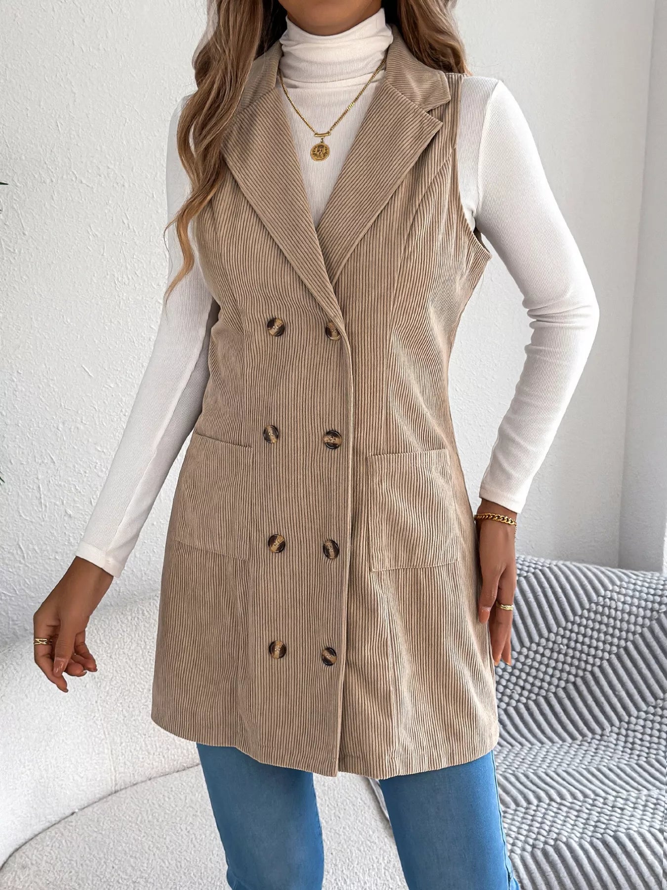 Double-Breasted Long Vest Coat Trendsi
