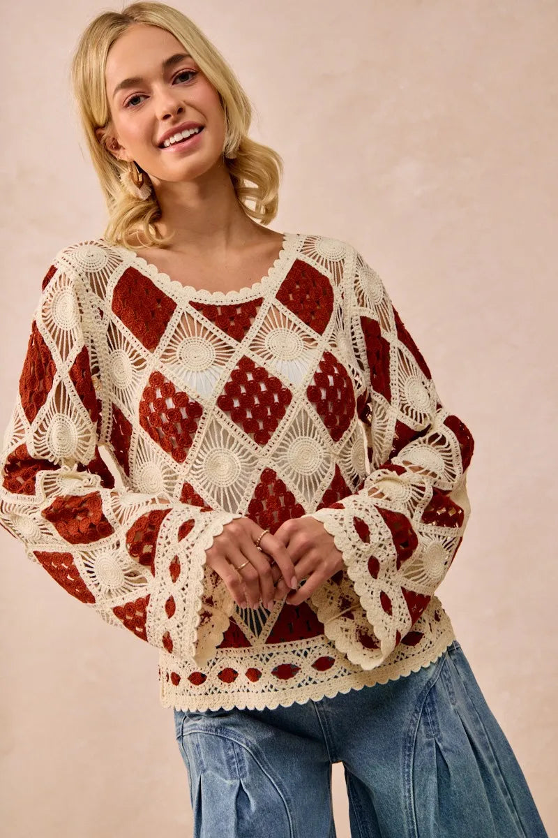 BiBi Diamond Crochet Knit Top OutfitFlow