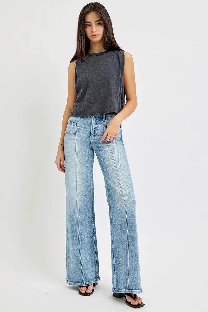 RISEN Full Size Mid Rise Wide Jeans with Front Patch Pocket Plus Size OutfitFlow