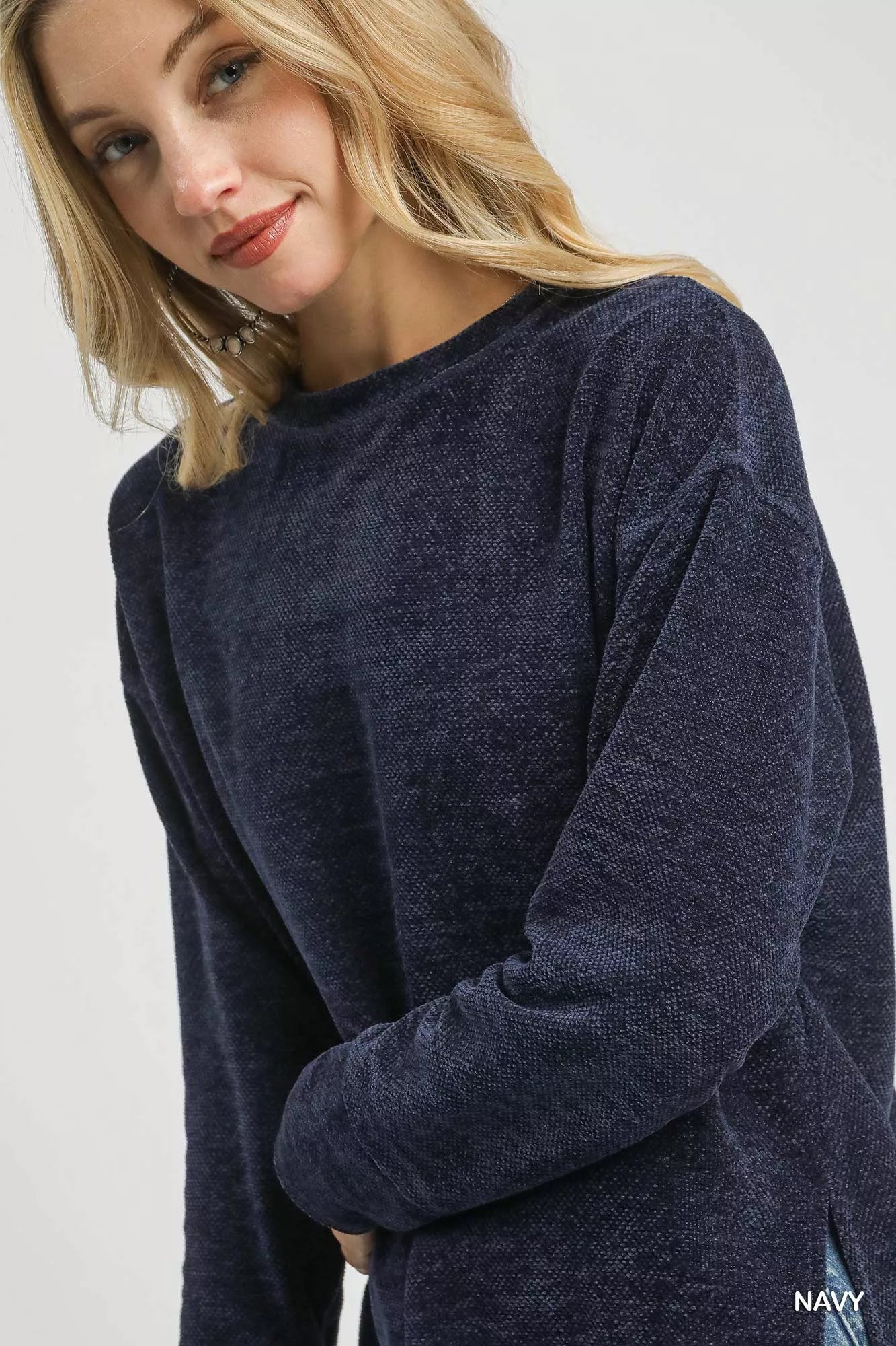 Umgee Round Neck Long Sleeve Side Slit Top OutfitFlow