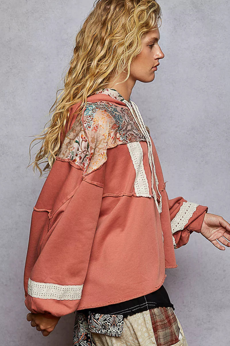 POL Drawstring French Terry Hoodie with Gauze Print Patch OutfitFlow