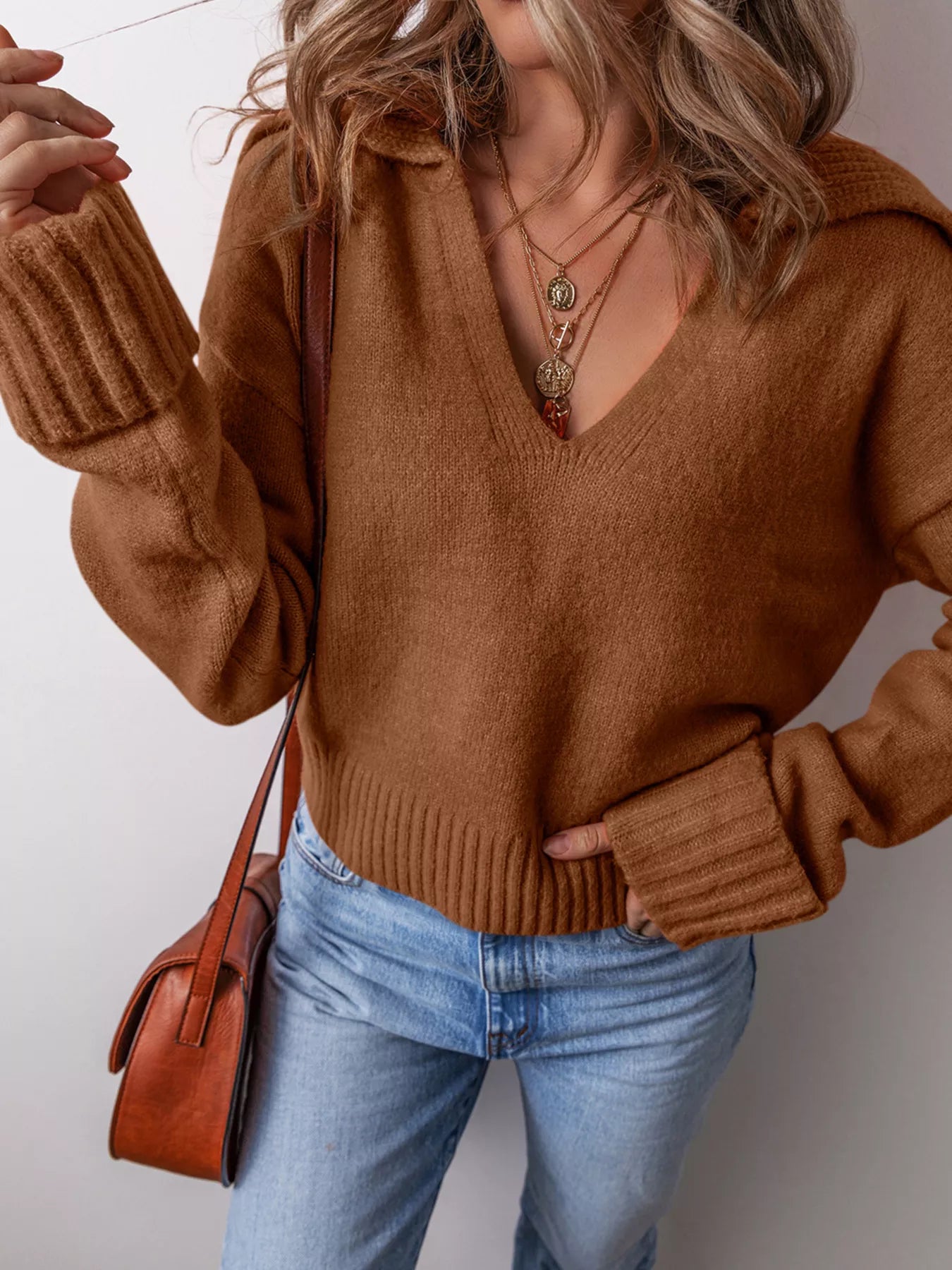 Collared V Neck Ribbed Edge Sweater OutfitFlow