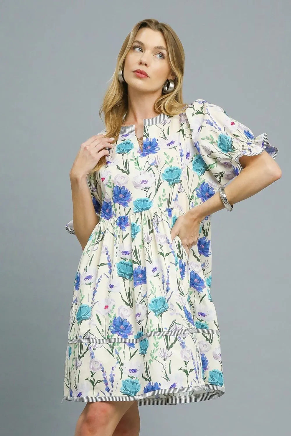 Umgee BabyDoll Floral Striped Hem Mini Dress OutfitFlow