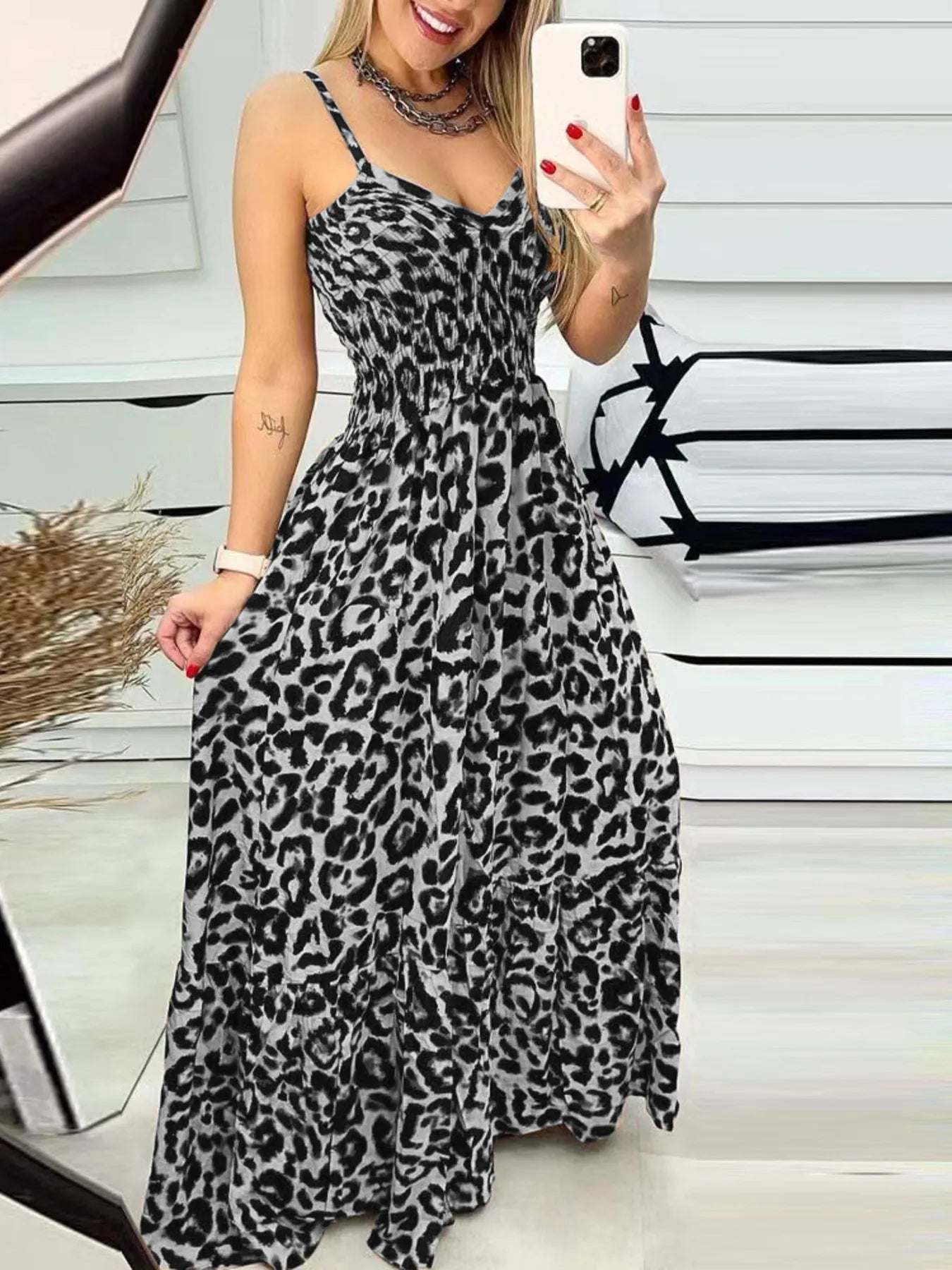 Full Size Leopard Print Spaghetti Strap Maxi Dress Plus Size Dark Gray OutfitFlow