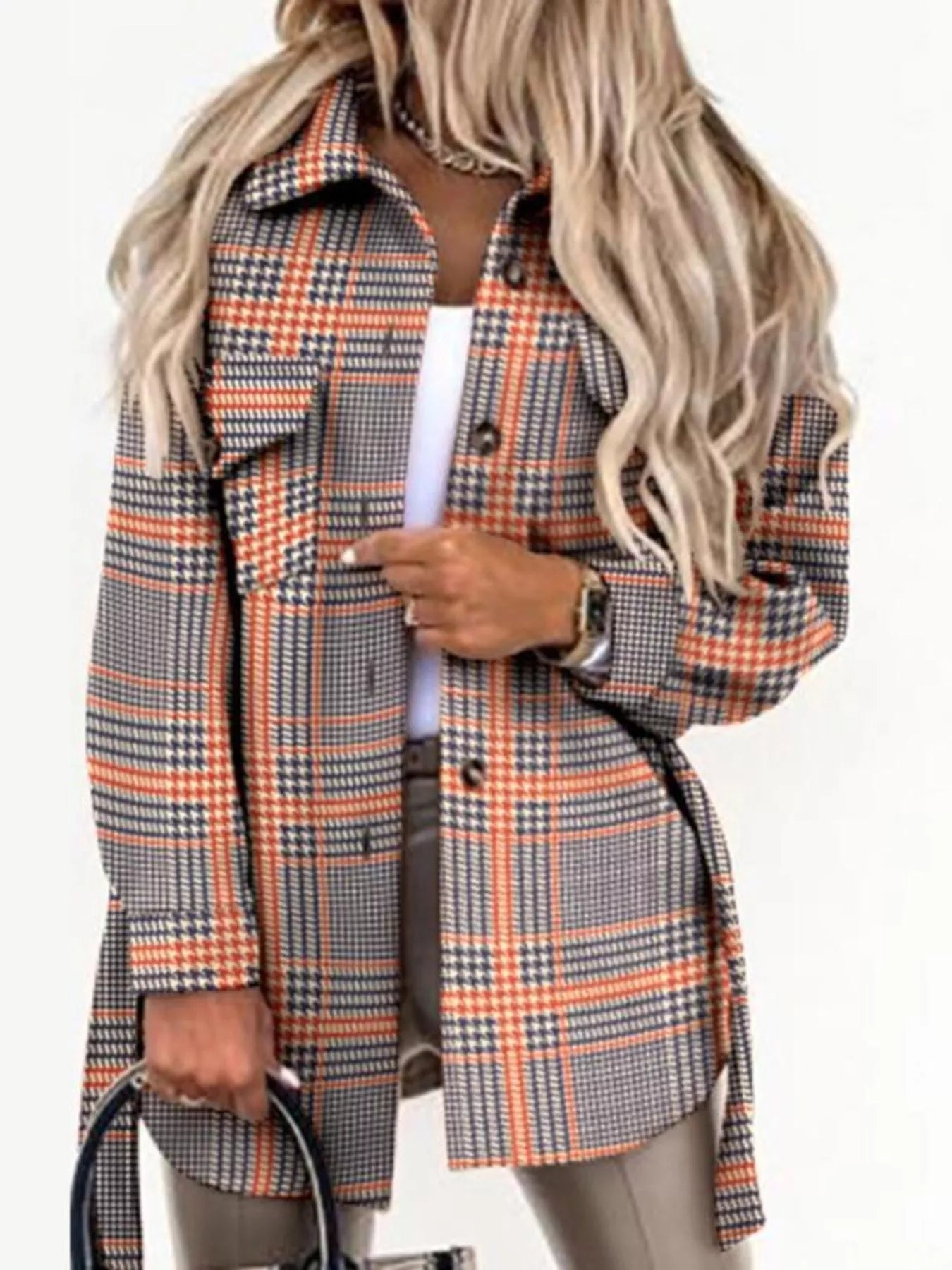 Button Up Long Sleeve Plaid Outerwear Orange Trendsi
