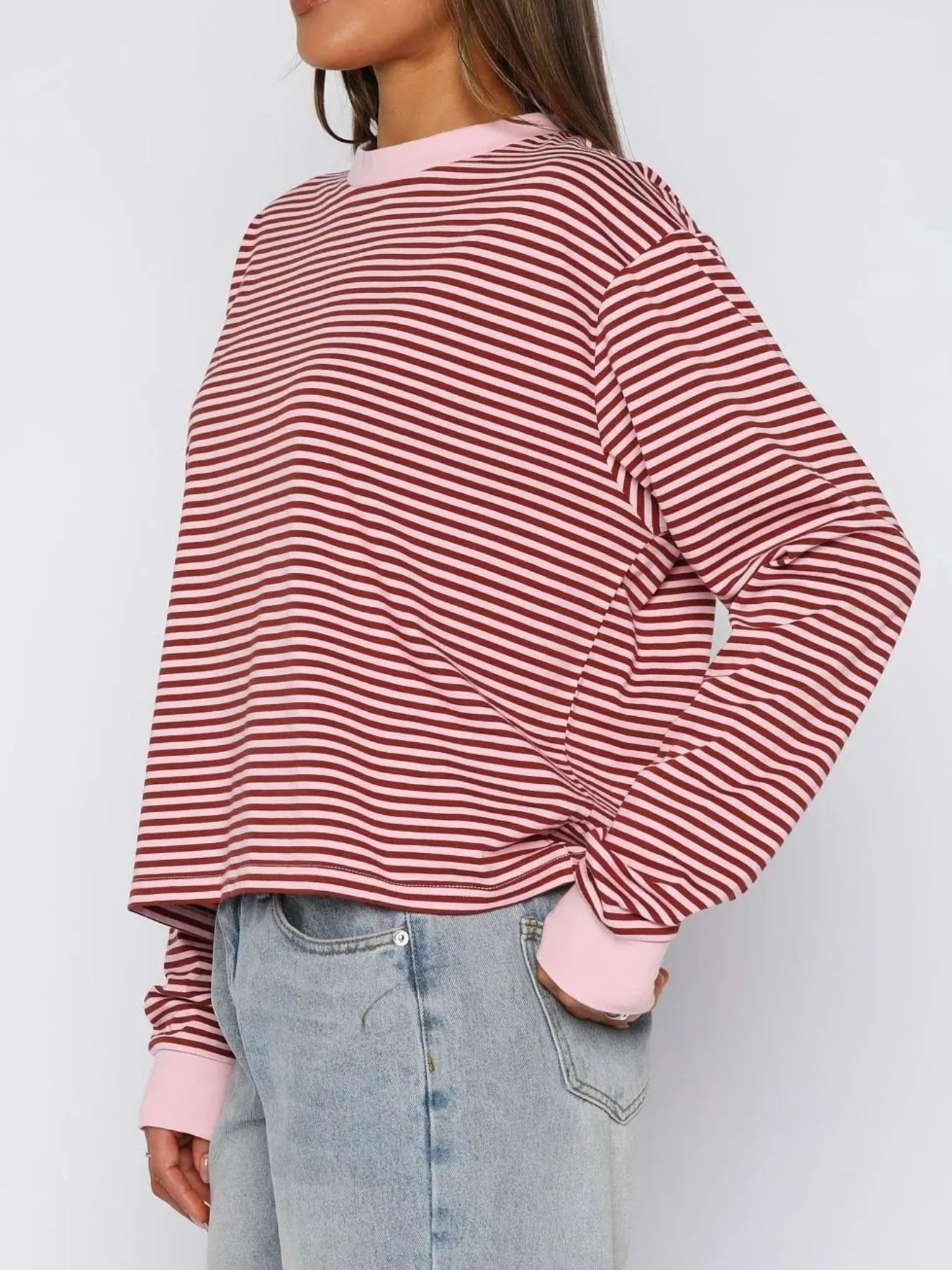 Striped Oversized Round Neck Sweatshirt OutfitFlow