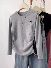 Bow Long Sleeve T-Shirt Gray Trendsi