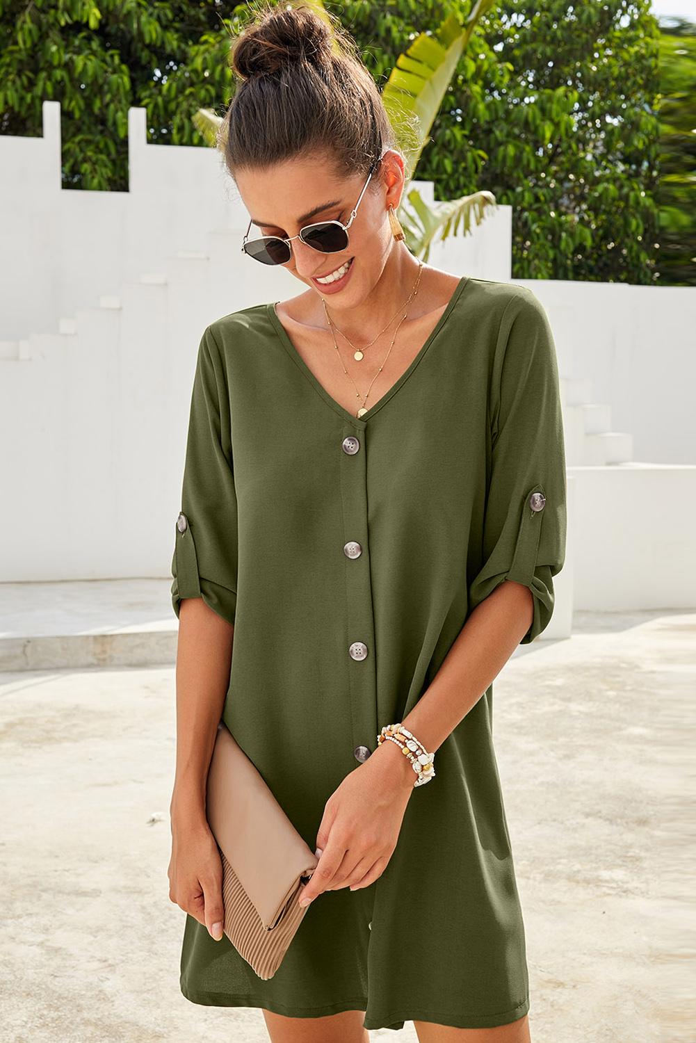 Buttoned V-Neck Dress OutfitFlow