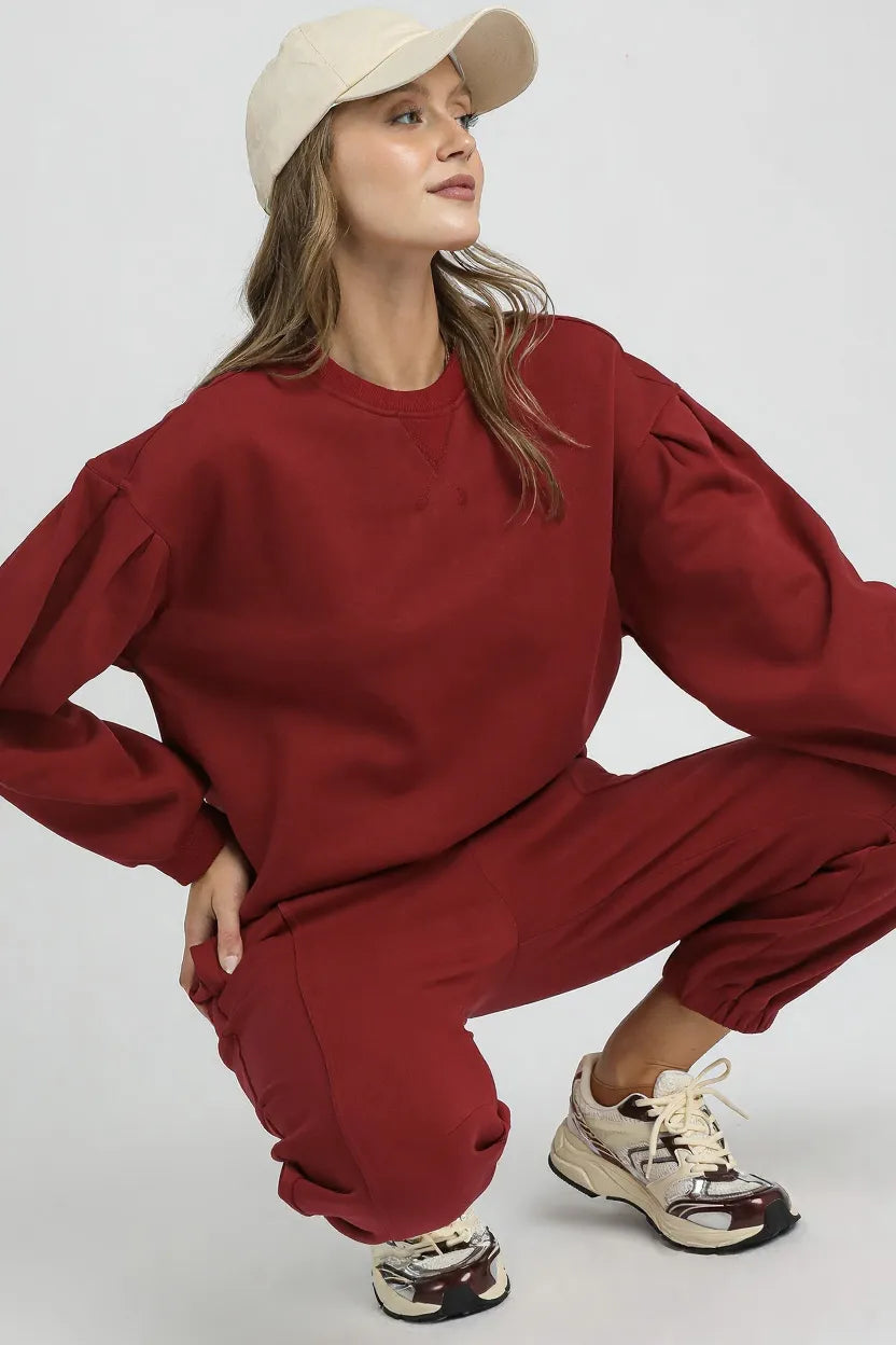 Umgee Round Neck Sweatshirt with Pleated Detail OutfitFlow