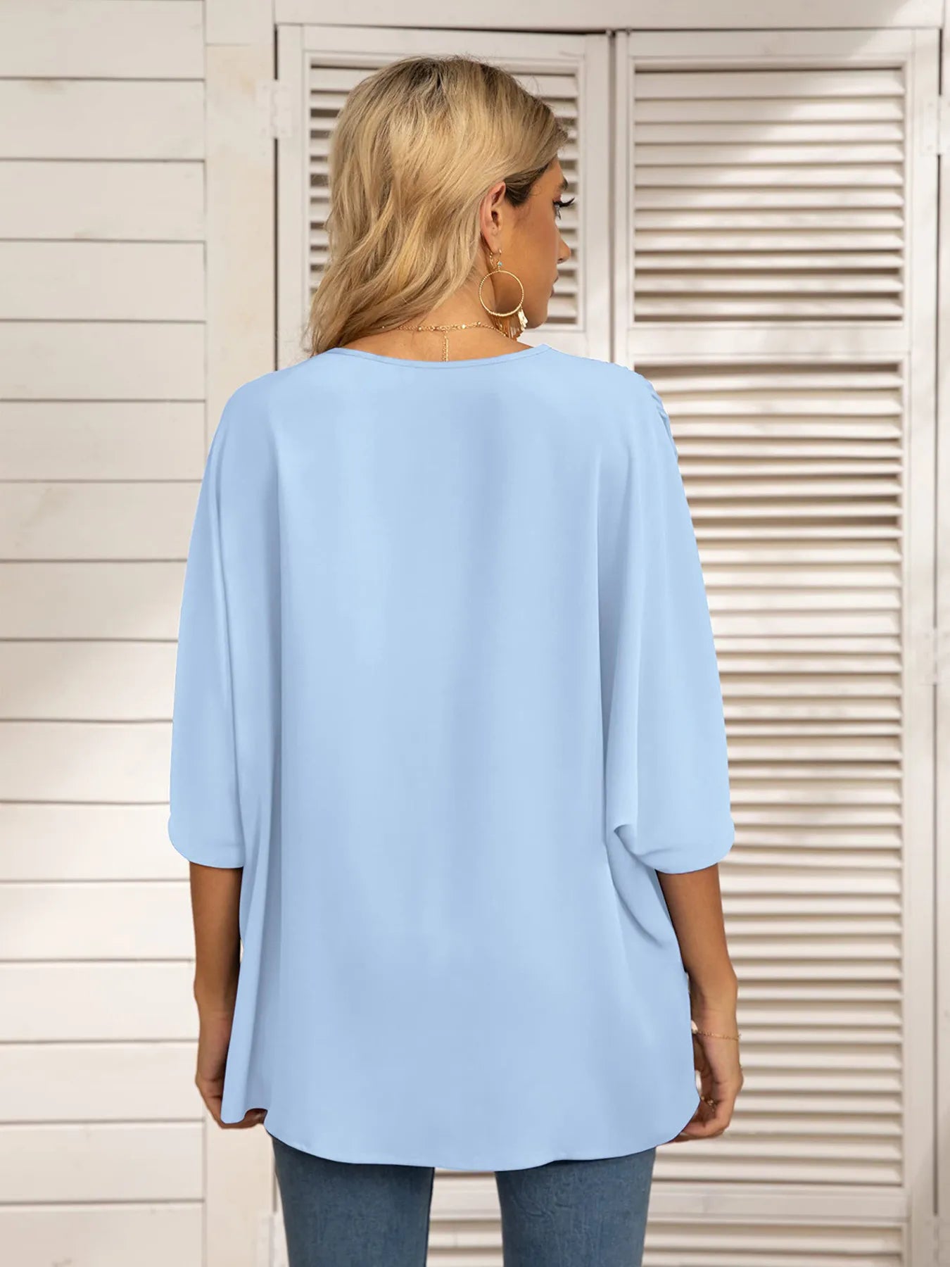 Oversized Contrast V-Neck Half Sleeve Blouse OutfitFlow