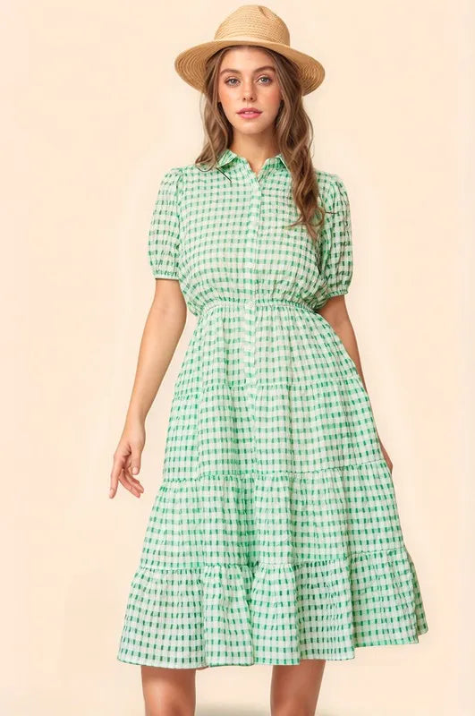 Davi & Dani Checkered Puff Sleeve Tiered Shirt Dress OutfitFlow