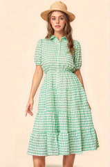 Davi & Dani Checkered Puff Sleeve Tiered Shirt Dress OutfitFlow