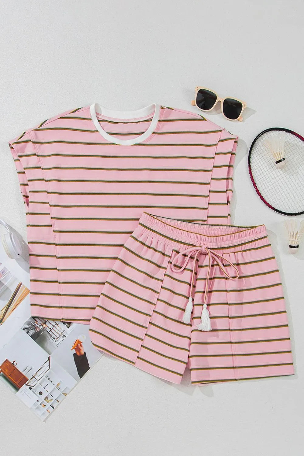 Stripe Wide Short Sleeve Tee and Short Set OutfitFlow