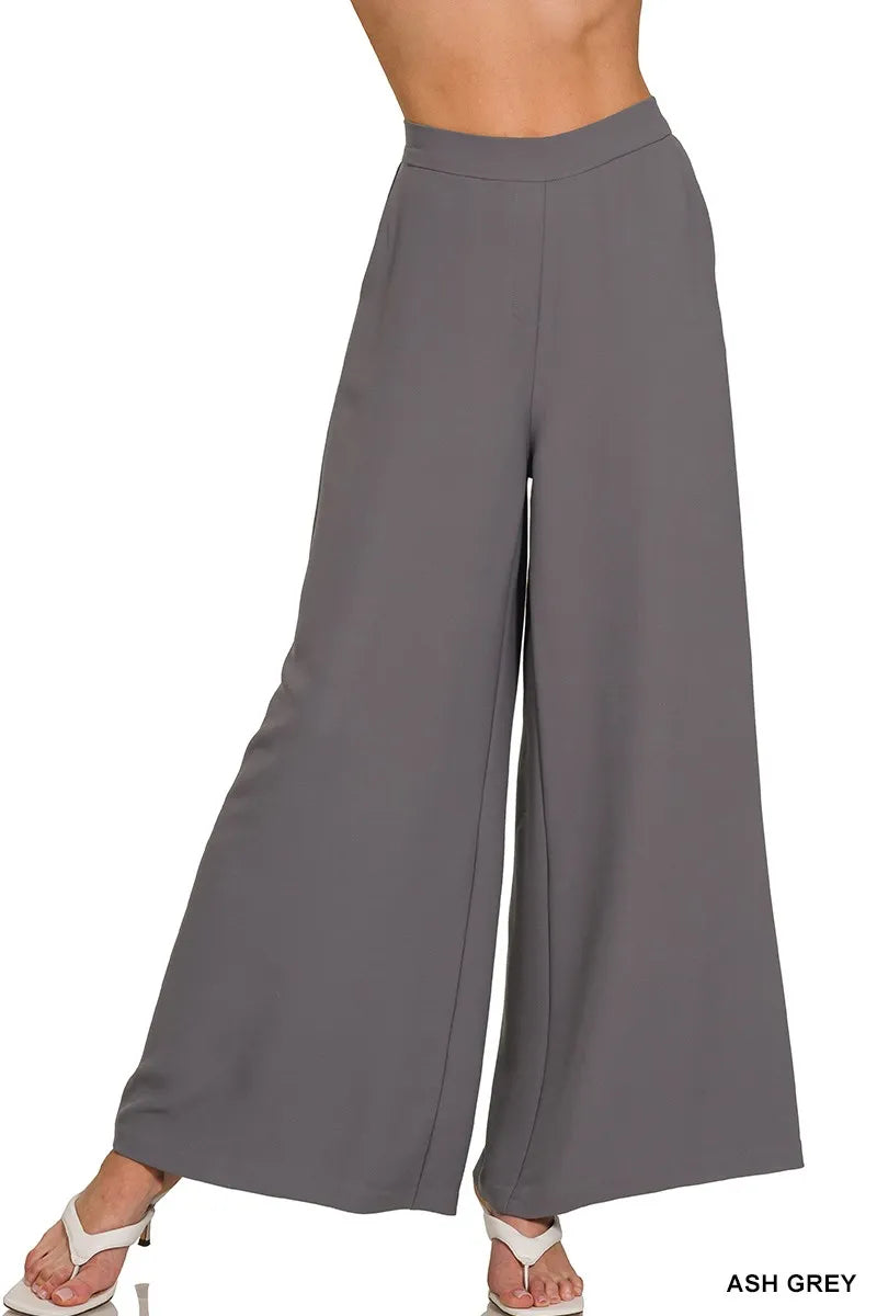 Zenana Relaxed Fit Elastic Waisted Wide Leg Pants ASH GREY OutfitFlow