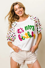 BiBi Metallic Letter Spangle Raglan Puff Sleeve Top OutfitFlow