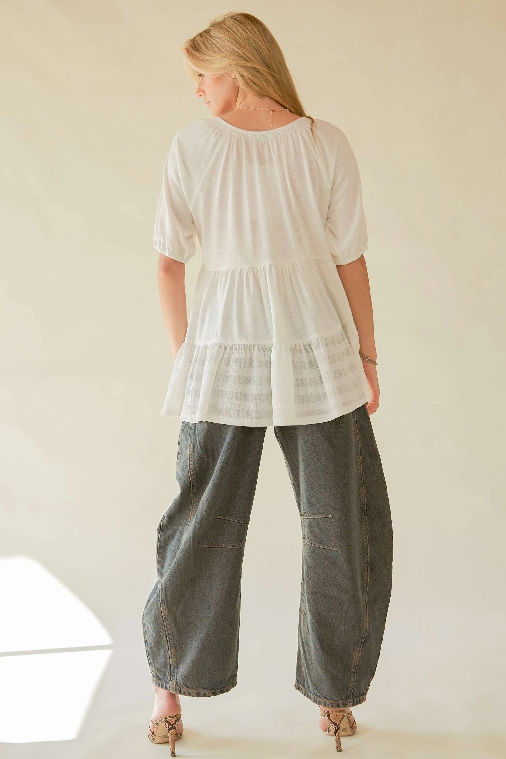 Davi & Dani Ruffled Flared Short Sleeve V Neck Blouse OutfitFlow