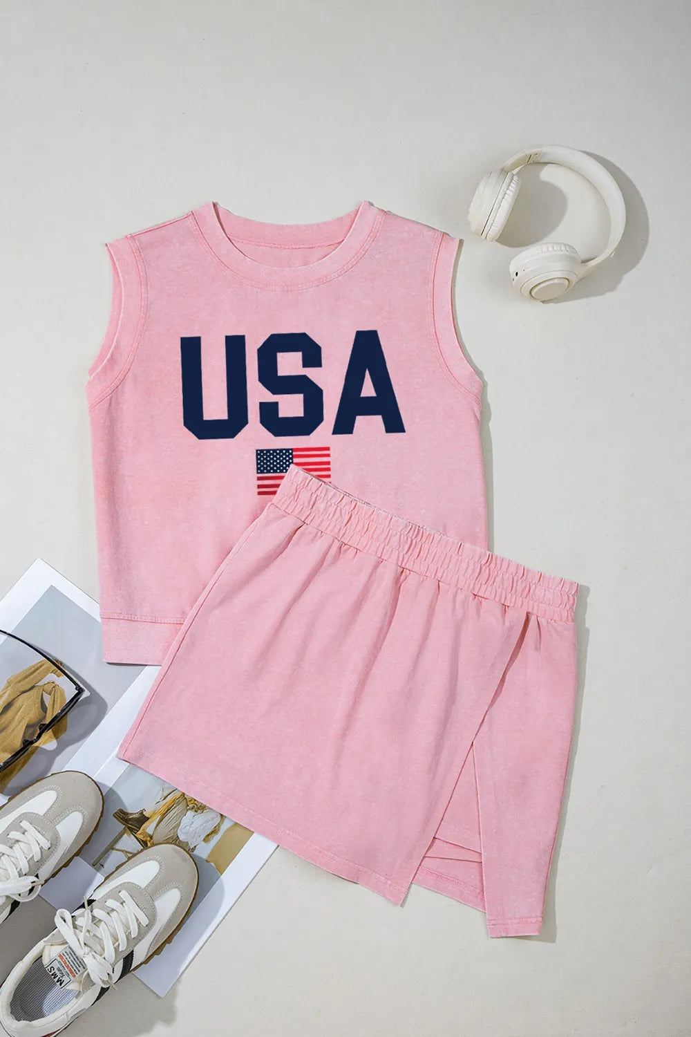 USA Round Neck Tank and Shorts Set OutfitFlow