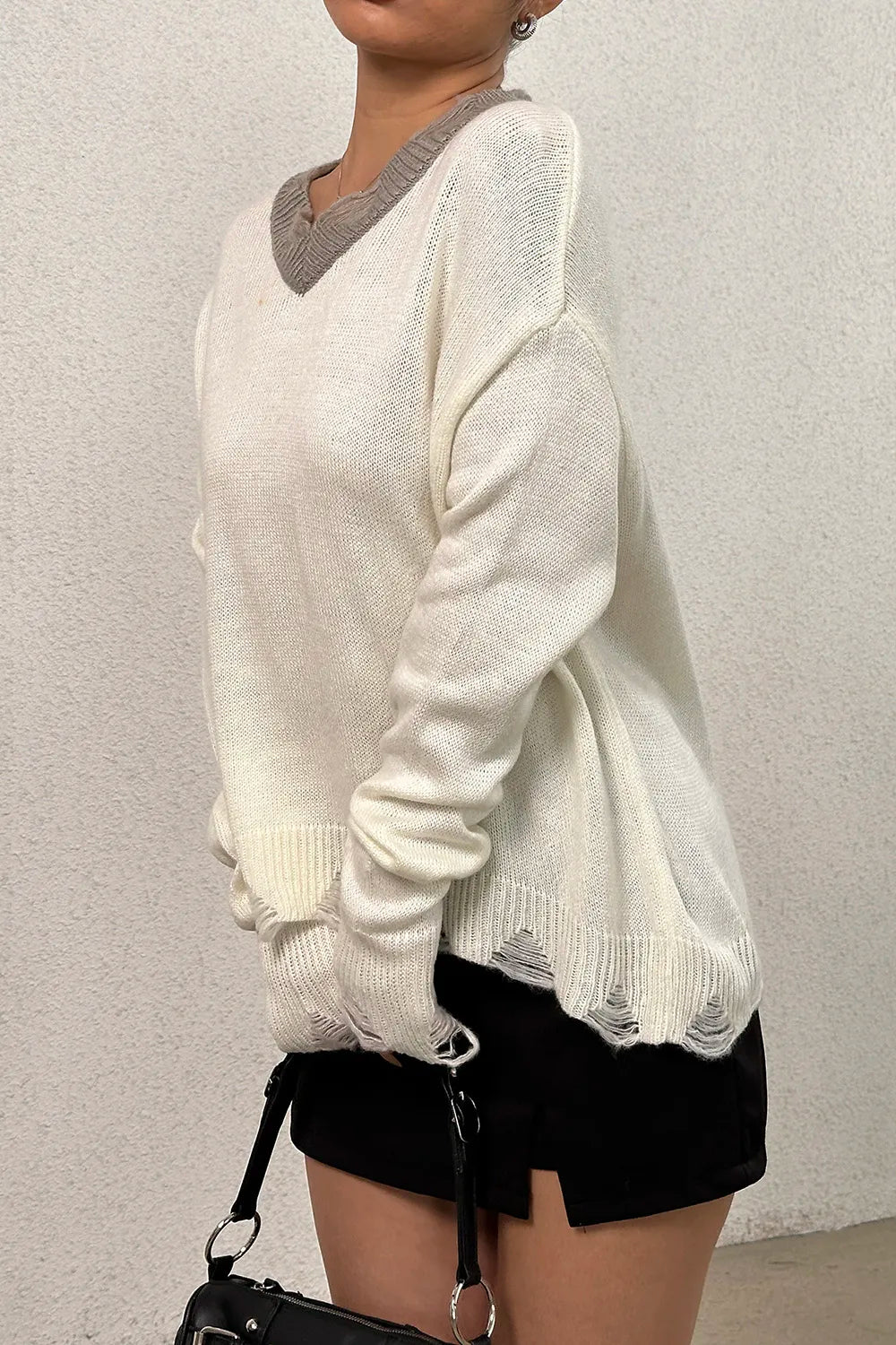 Distressed V-Neck Dropped Shoulder Sweater OutfitFlow