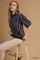 Umgee Jacquard Knit Puff Sleeve Sweater OutfitFlow