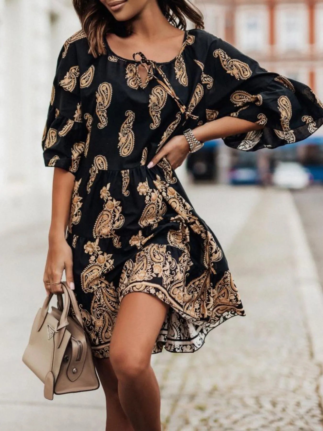 Paisley Print Tie Neck Half Sleeve Mini Dress Black OutfitFlow
