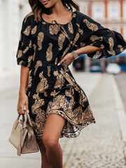 Paisley Print Tie Neck Half Sleeve Mini Dress Black OutfitFlow