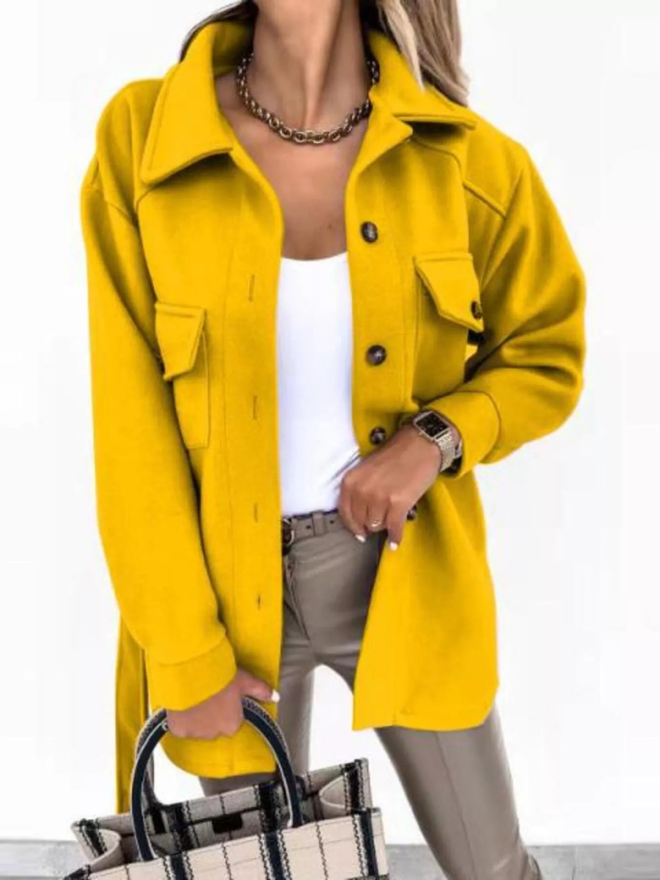 Button-Down Tie Waist Coat Yellow OutfitFlow