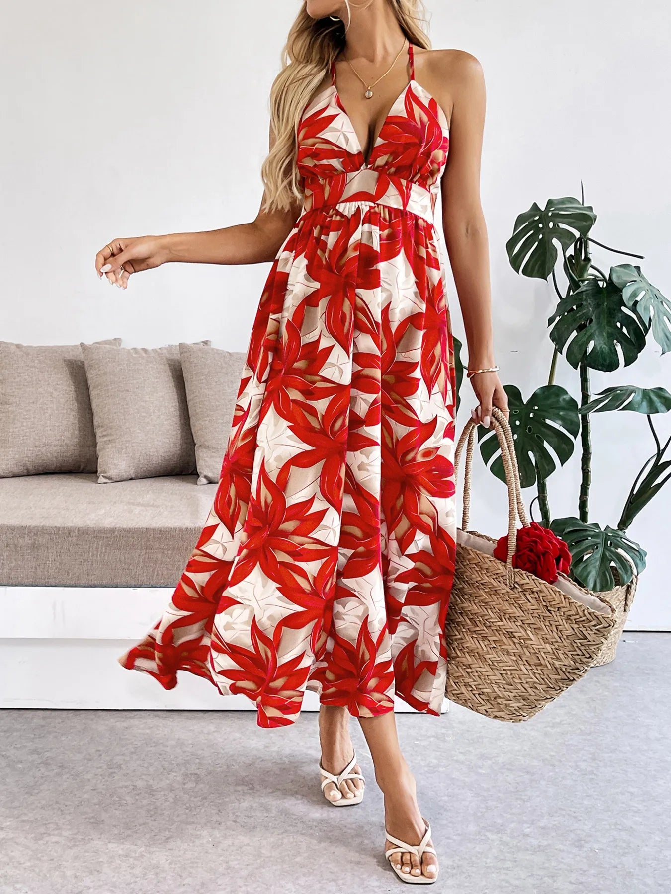 Crisscross Back Printed Midi Dress with Cutout Detail OutfitFlow