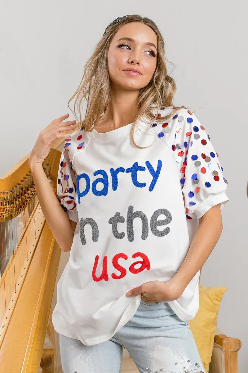 BiBi Party In The Usa Spangle Puff Sleeves Top OutfitFlow