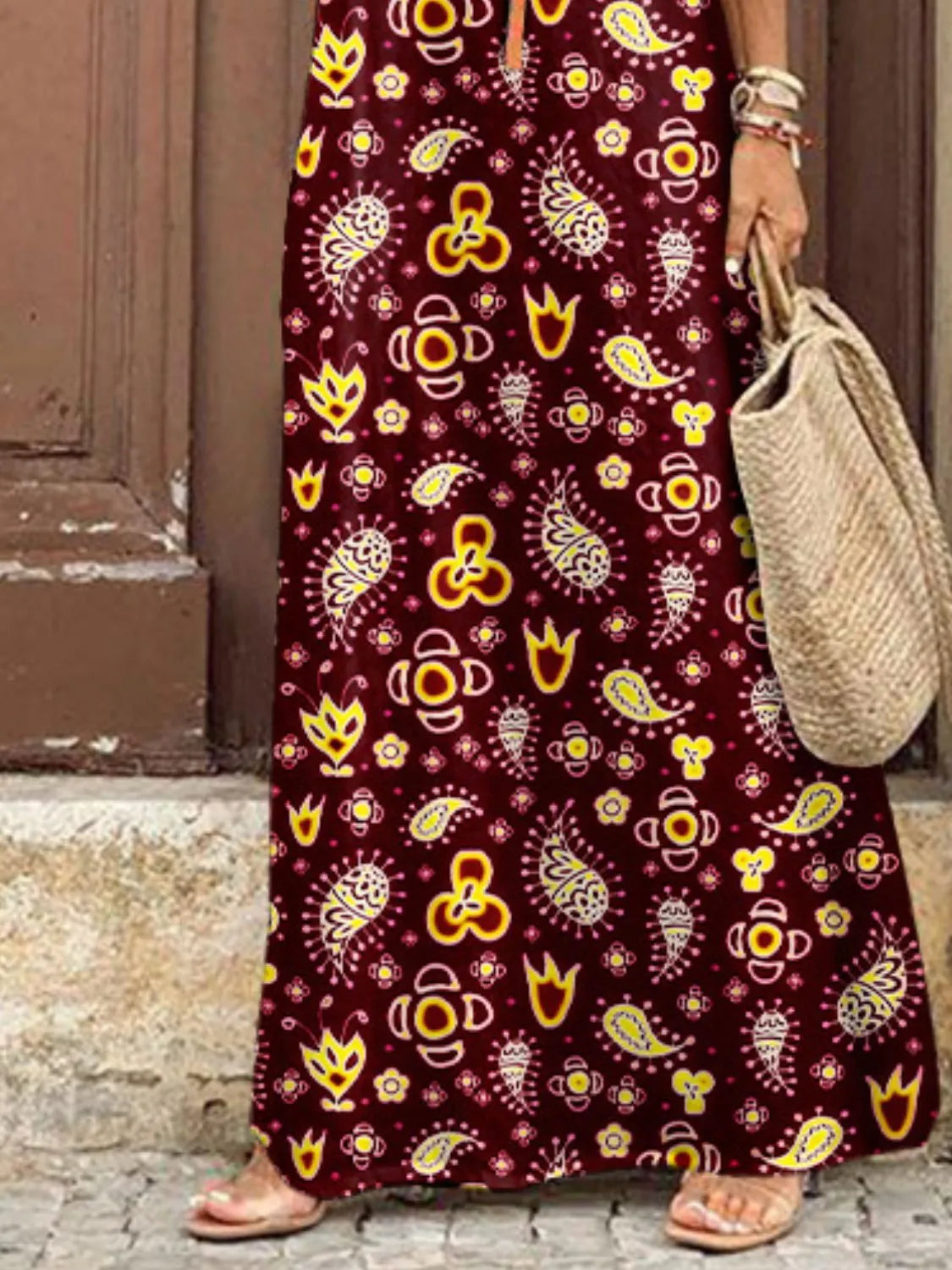 Full Size Printed V-Neck Short Sleeve Maxi Dress Plus Size OutfitFlow