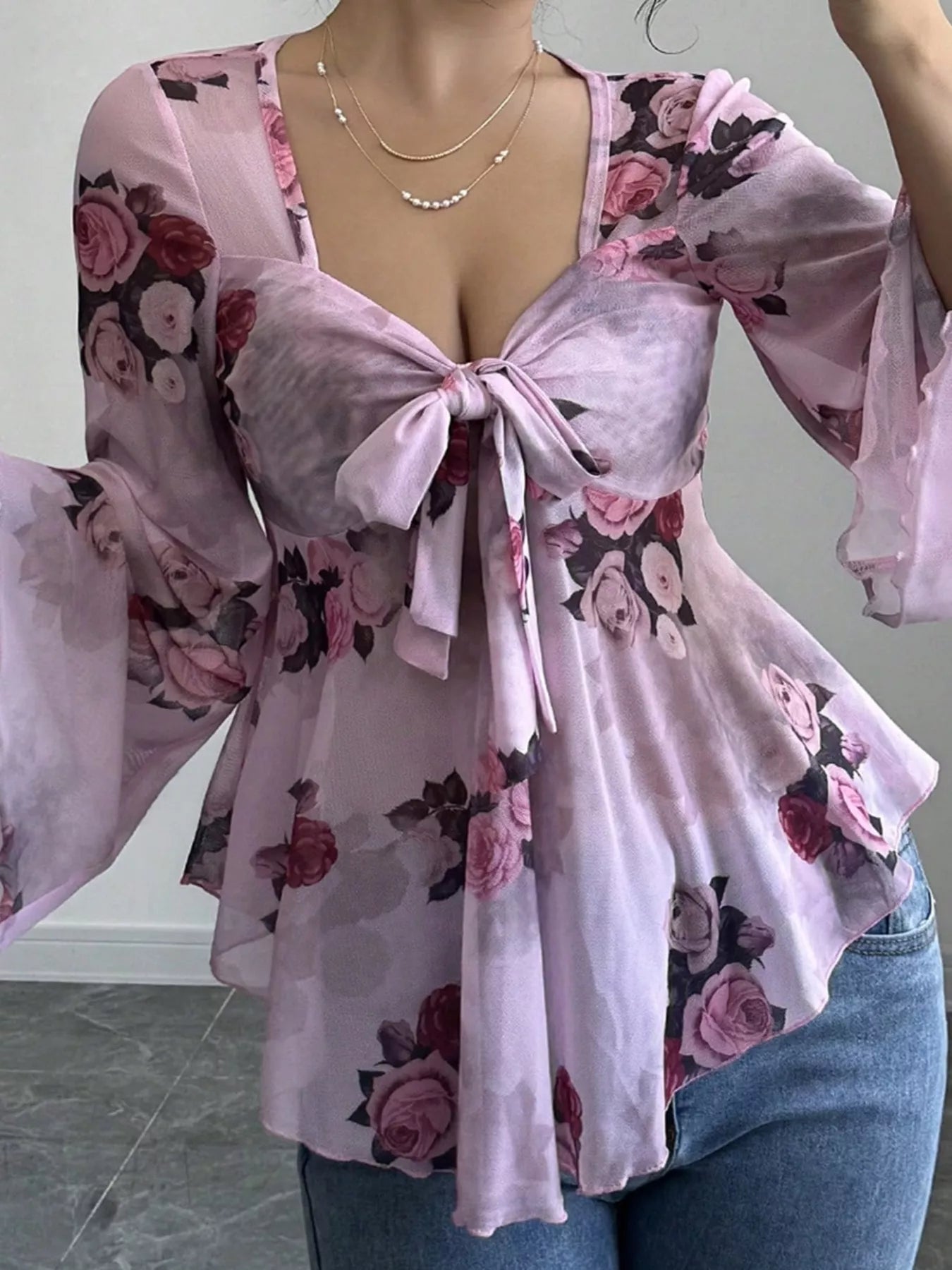 Floral Print Tie Front Flare Sleeve Blouse Pink Purple OutfitFlow