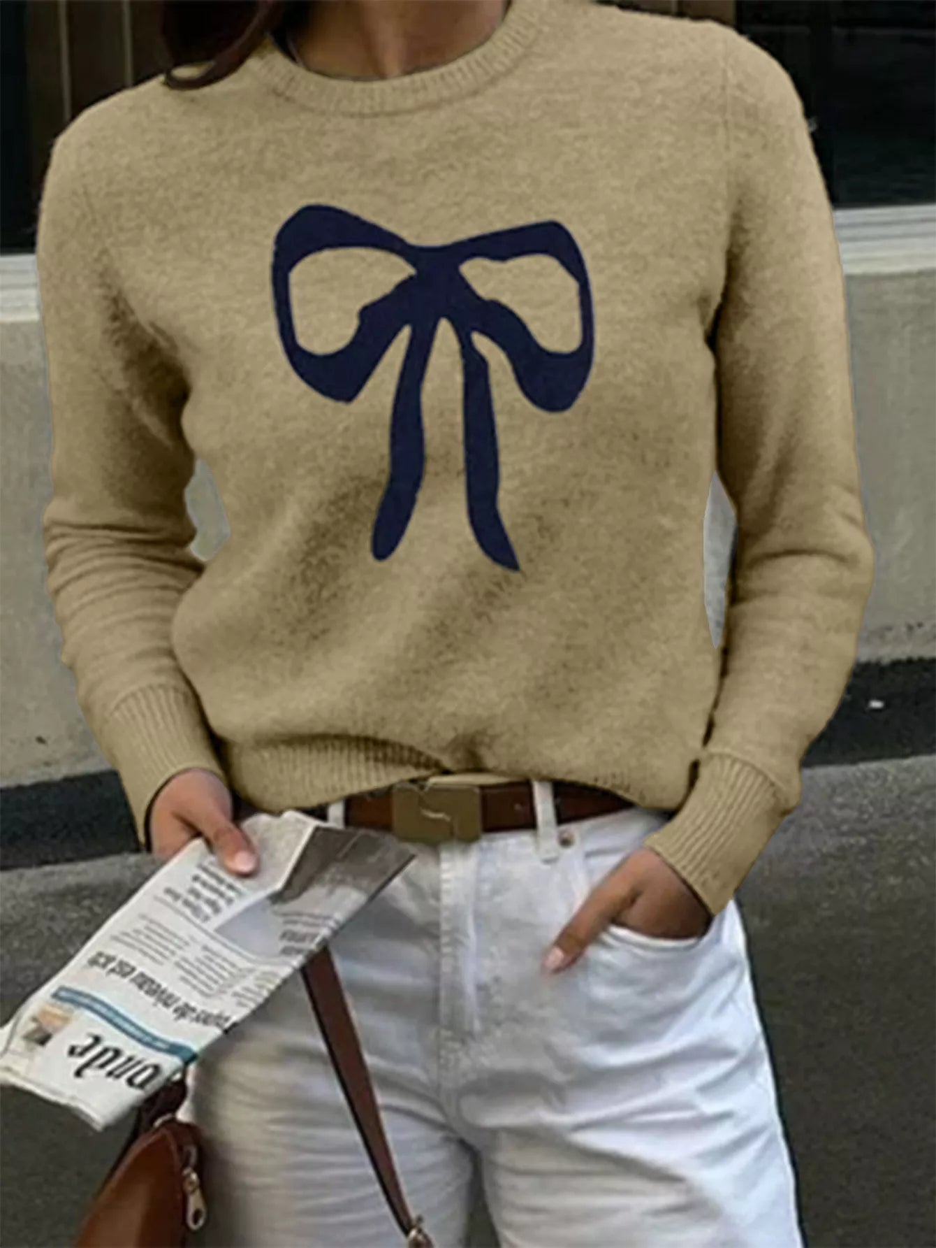 Bow Round Neck Knit Top Tan OutfitFlow