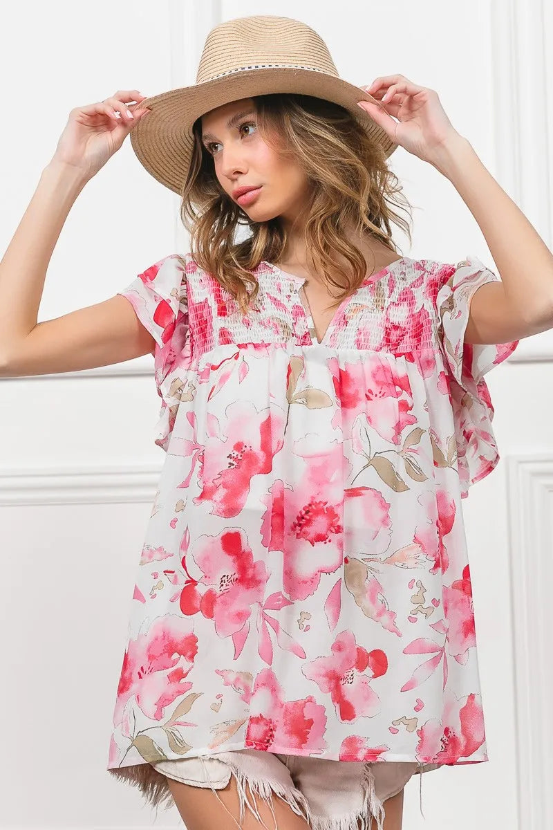 BiBi Floral Print Flutter Sheer Top OutfitFlow