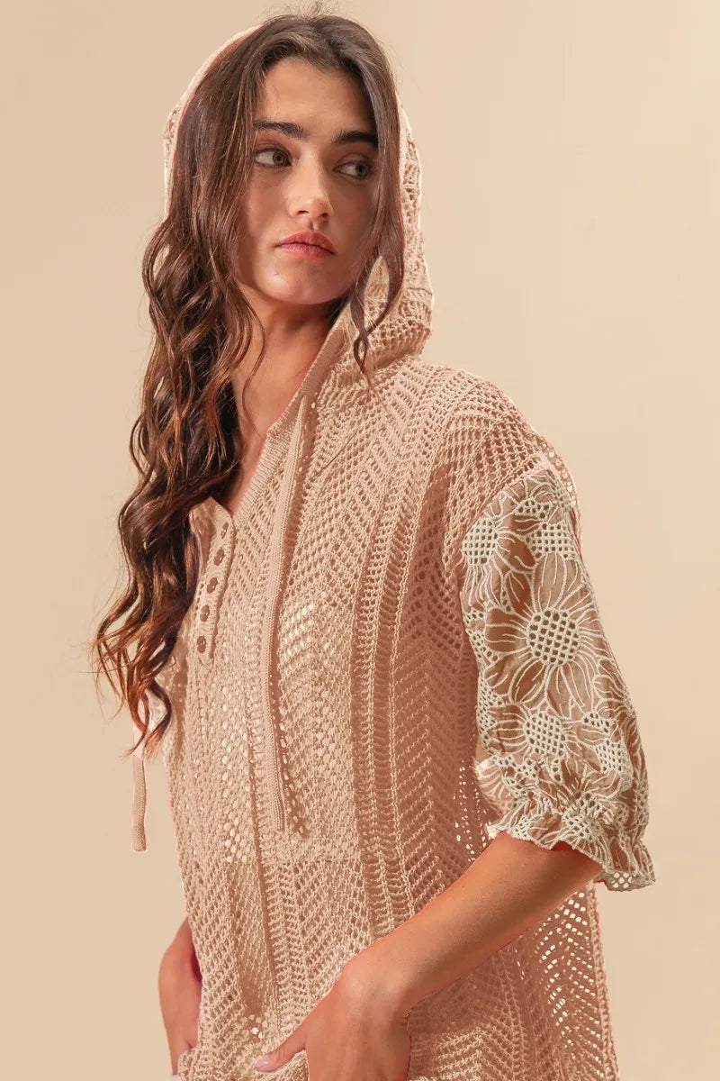 BiBi Jacquard Flower Puff Sleeve Hooded Knit Top OutfitFlow