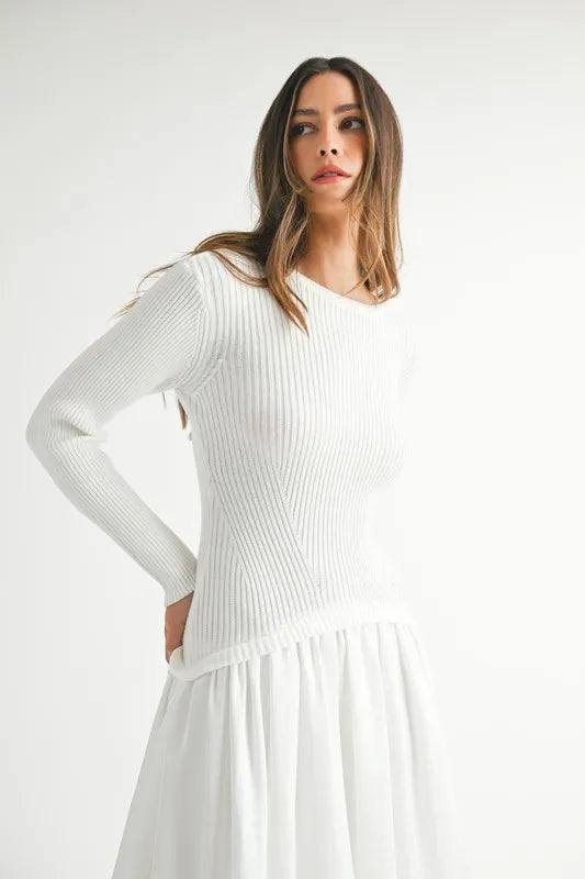 MABLE Ribbed Poplin Mix Midi Sweater Dress OutfitFlow